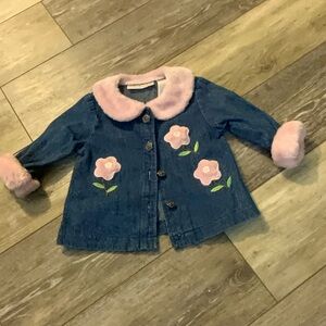 Floral Embroidered Girls Denim Jacket with Pink Accents. Size 6-9 months
